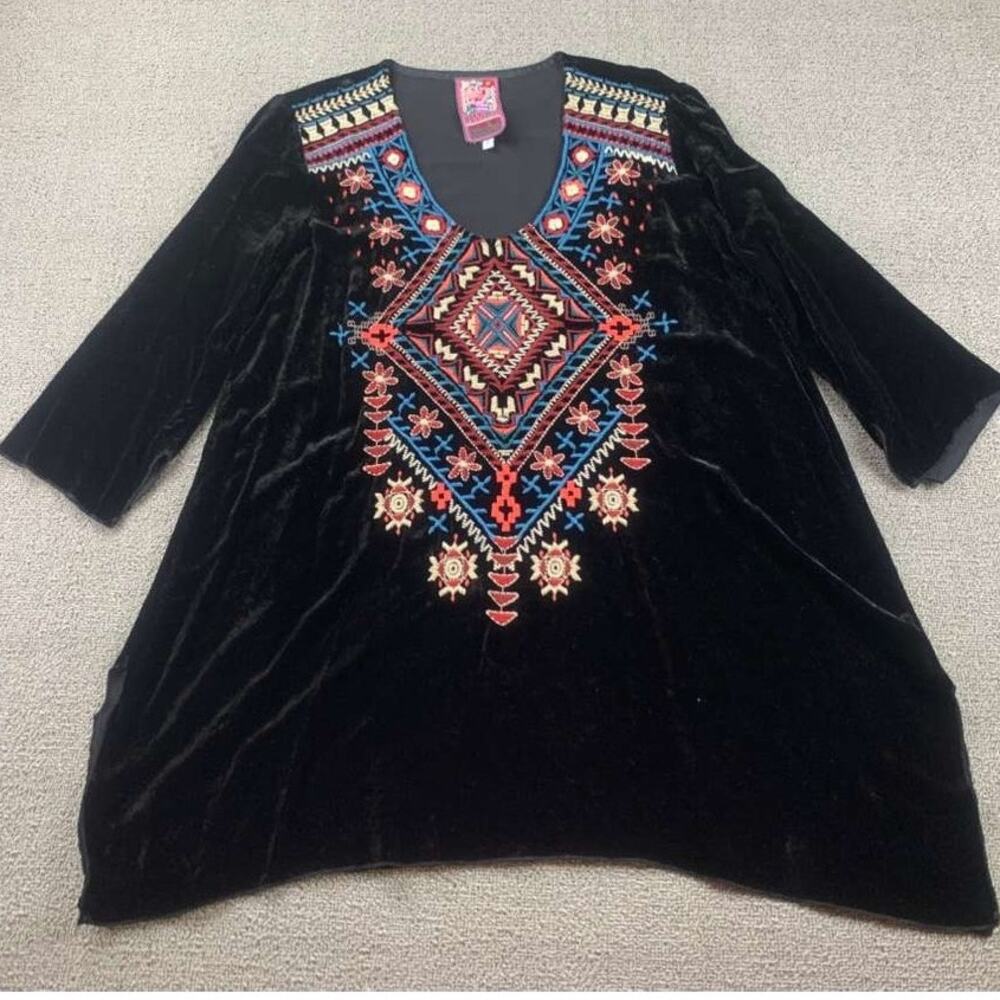 JWLA Johnny WasTunic Top Women S Black Velvet Embroidered Western‎ Boho Festival